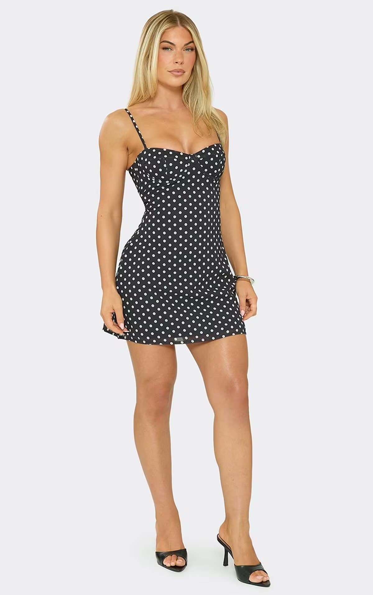 EGO Strappy Underwired Flippy Hem Mini Dress In Black Polka Dot, Women's Size UK 6