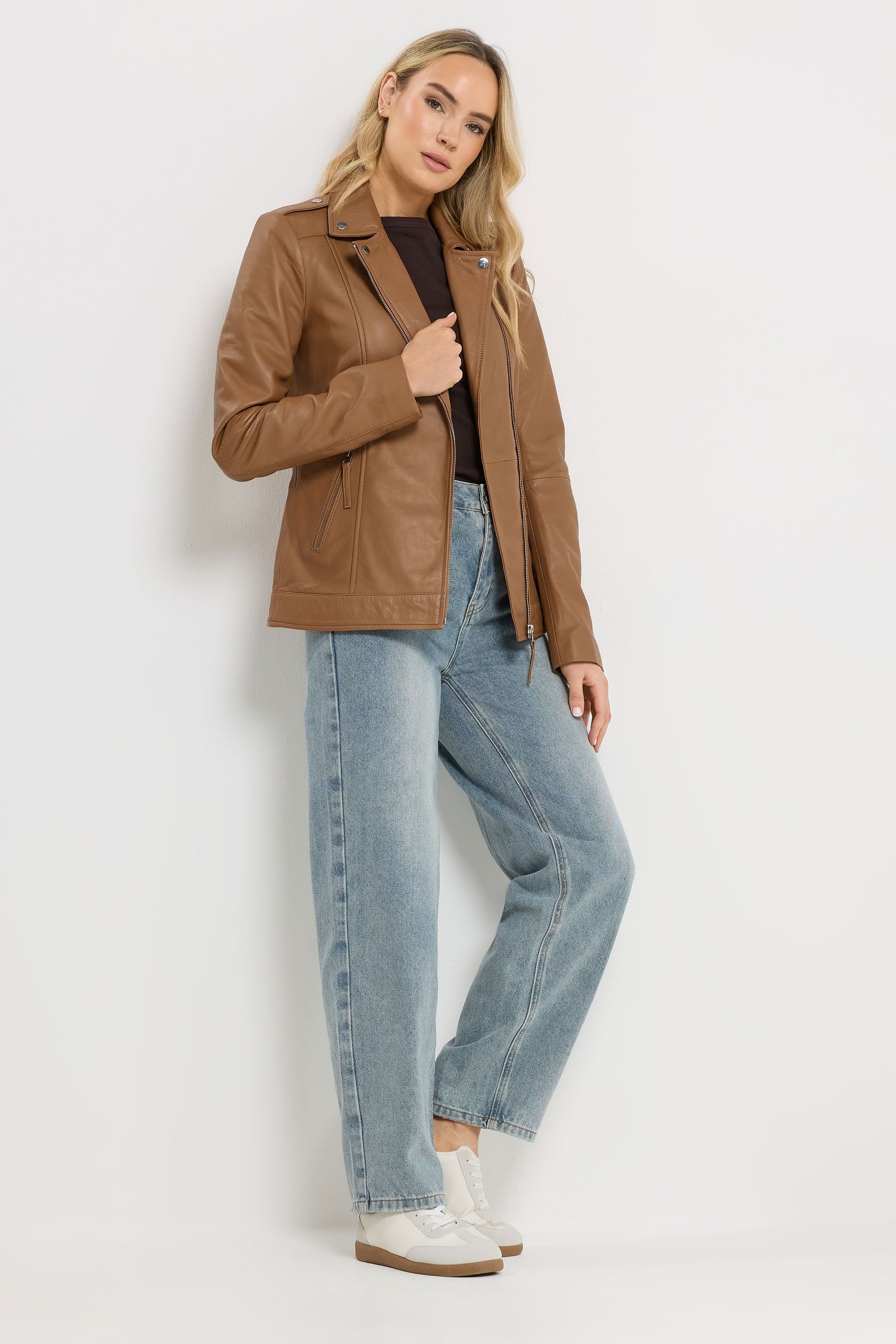 Long Tall Sally Long Tall Sally Women's Tall Premium Leather Biker Jacket in Camel - 4