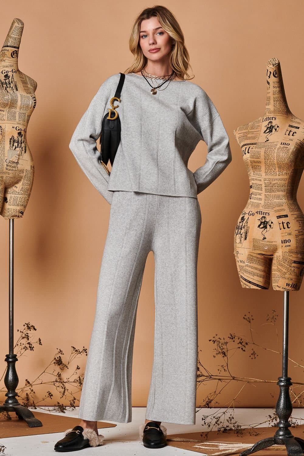 Jolie Moi Jolie Moi Women's Round Neck Vertical Line Knit Top in Light Grey