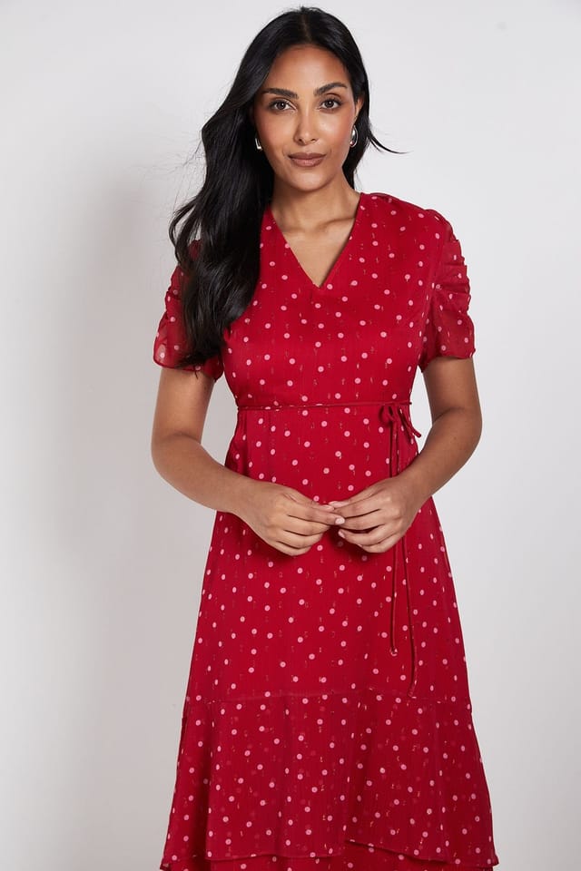 Wallis Wallis Women's Petite Polka Dot Glitter Ruffle Midi Dress in Red - 2