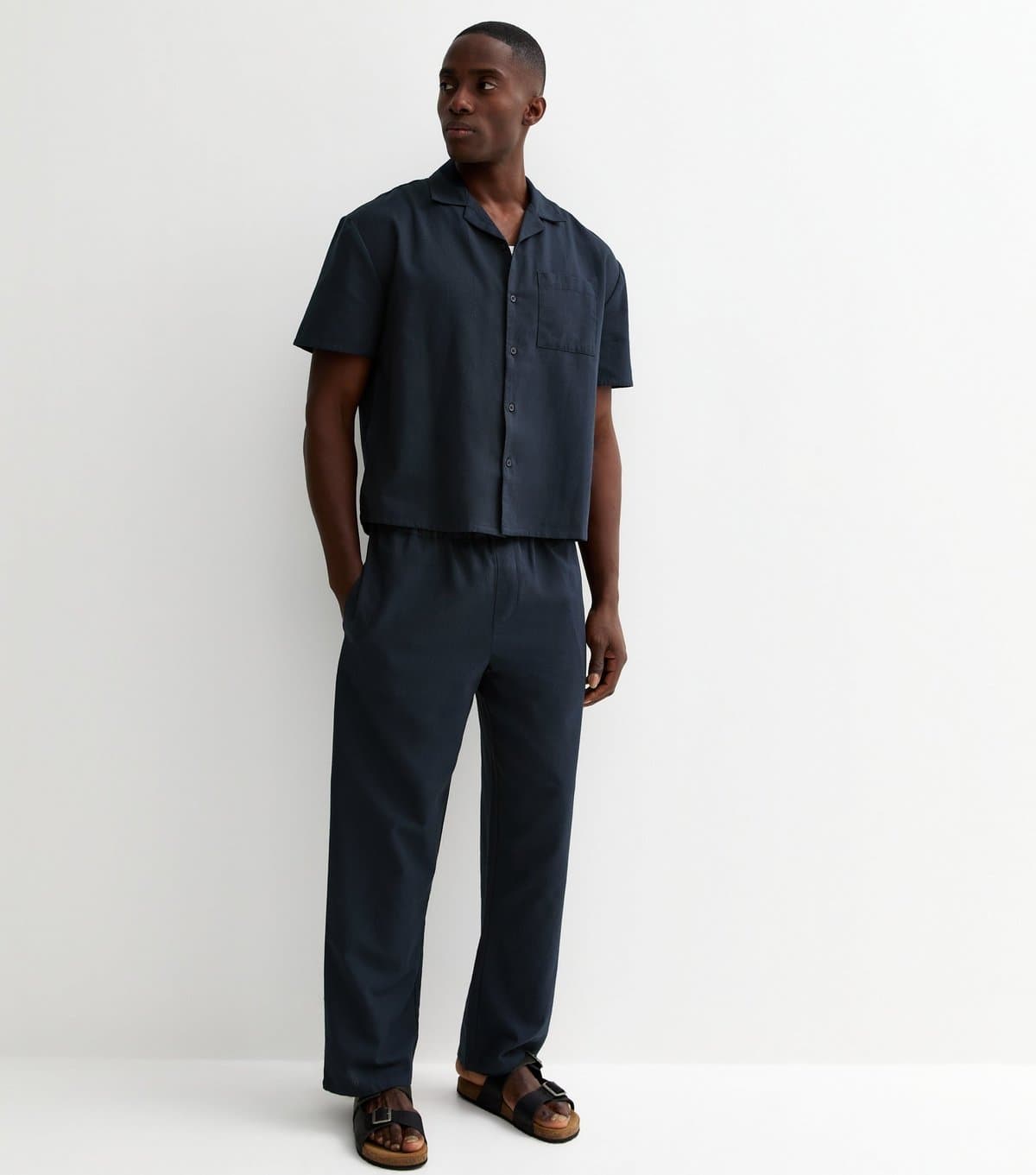 New Look Men's Navy Regular Cotton High Waisted Wide Leg Trousers New Look