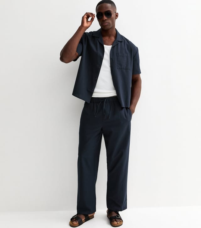 New Look Men's Navy Regular Cotton High Waisted Wide Leg Trousers New Look - 3