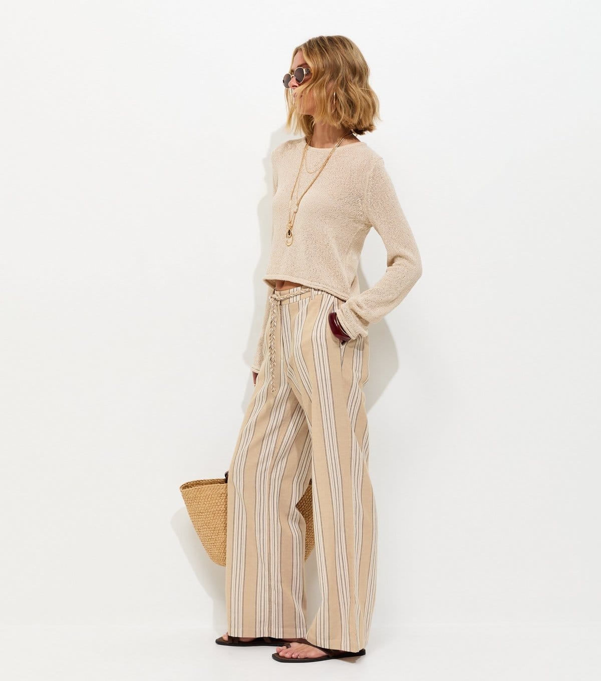 New Look Mink Beige Striped Wide Leg Trousers