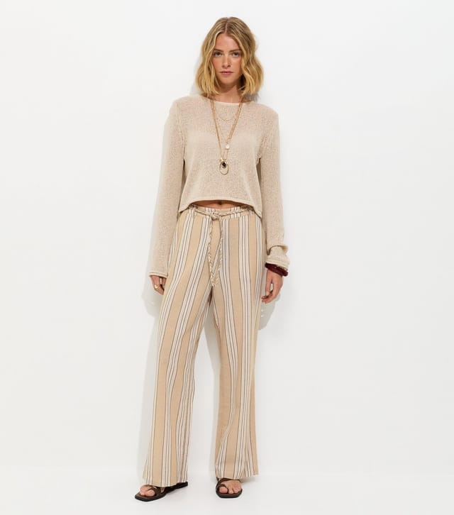 New Look Women's Mink Cotton Rich Striped Wide Leg Trousers New Look - 3