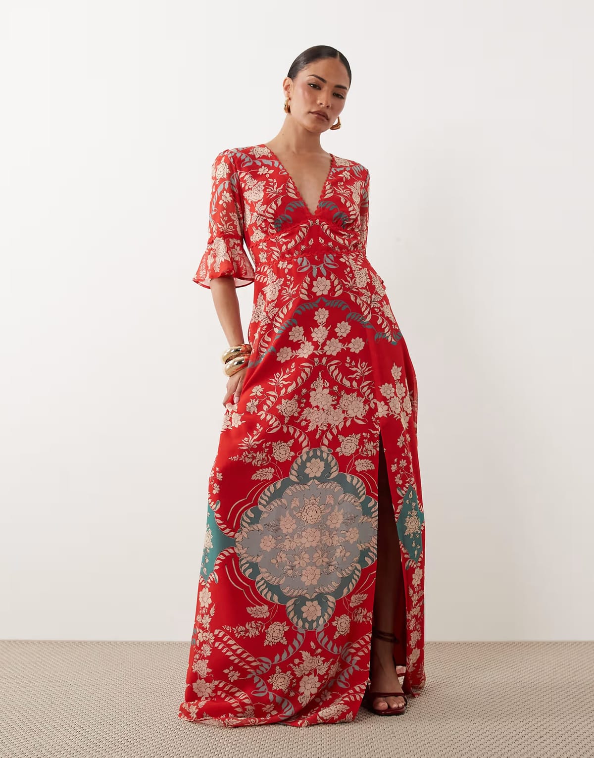 ASOS Hope & Ivy Petite v neck frill short sleeve split front maxi dress in red print - 1