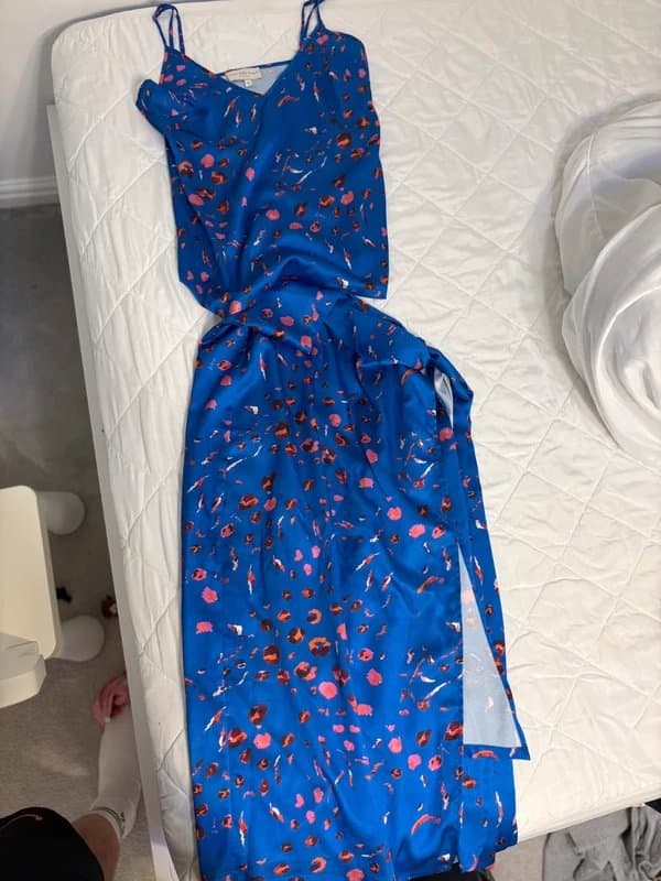 Never Fully Dressed Never Fully Dressed Blue Satin Print Midi Dress – Size S