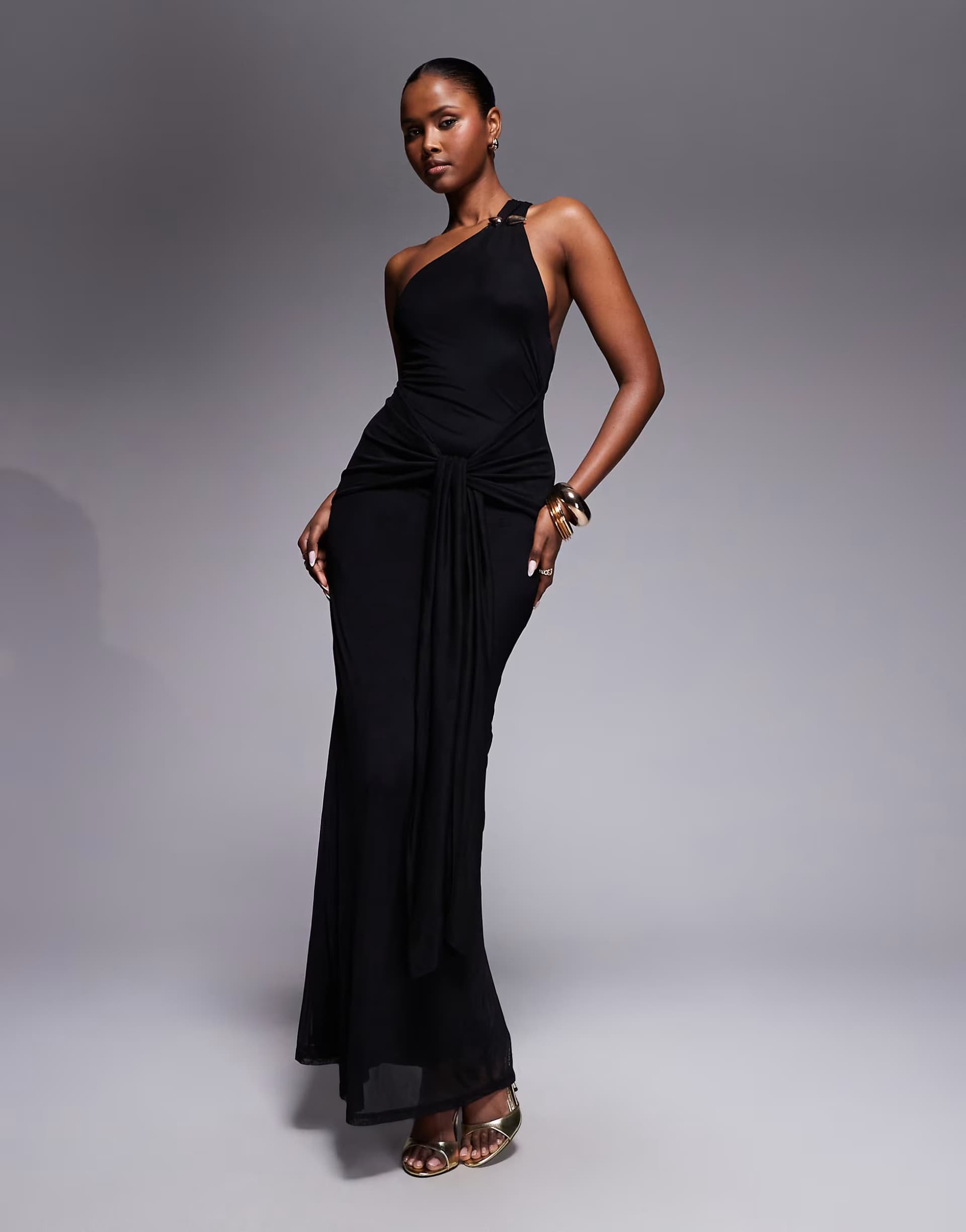 ASOS ASOS DESIGN mesh one shoulder trim detail maxi dress with drape tie front in black