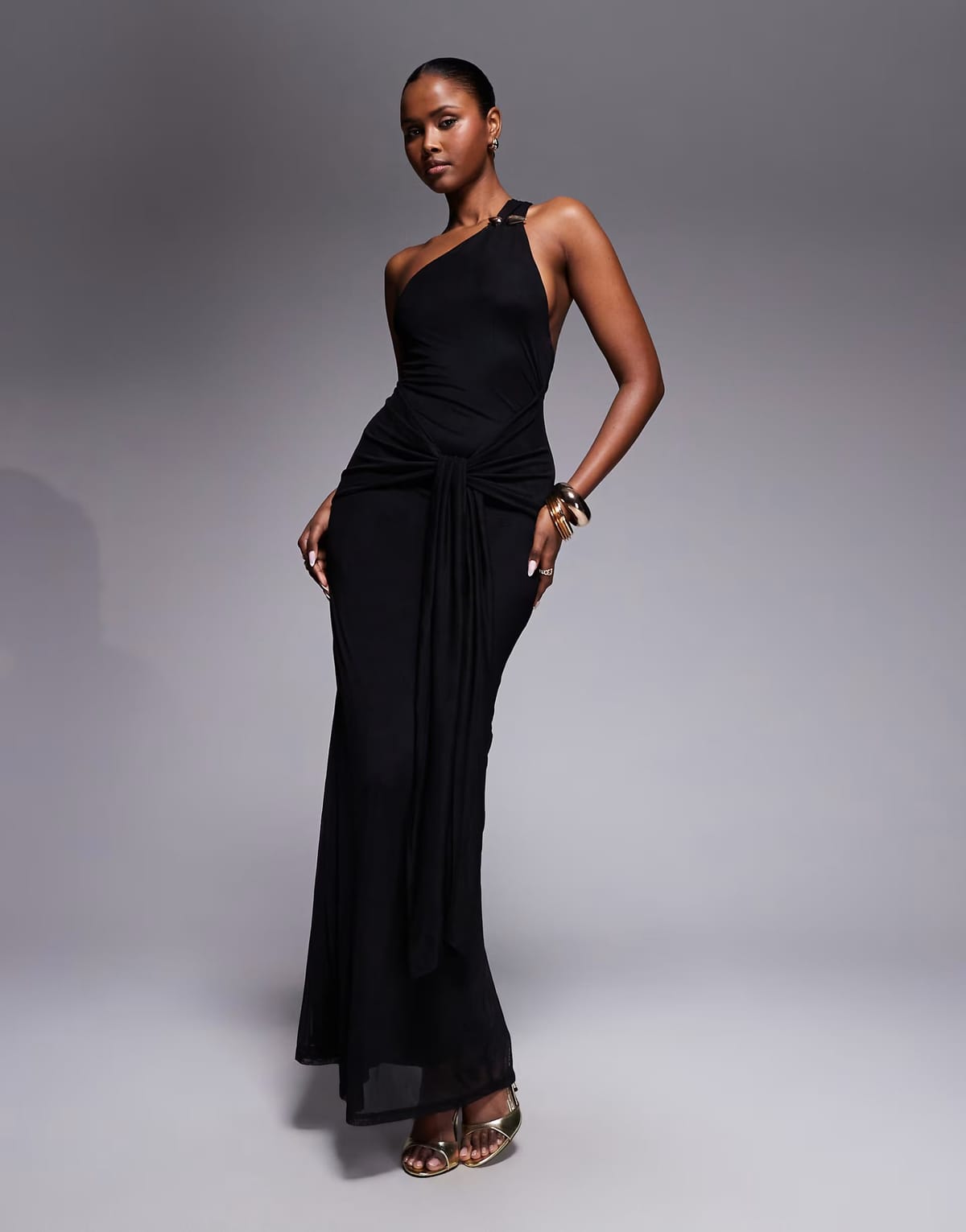 ASOS ASOS DESIGN mesh one shoulder trim detail maxi dress with drape tie front in black - 1