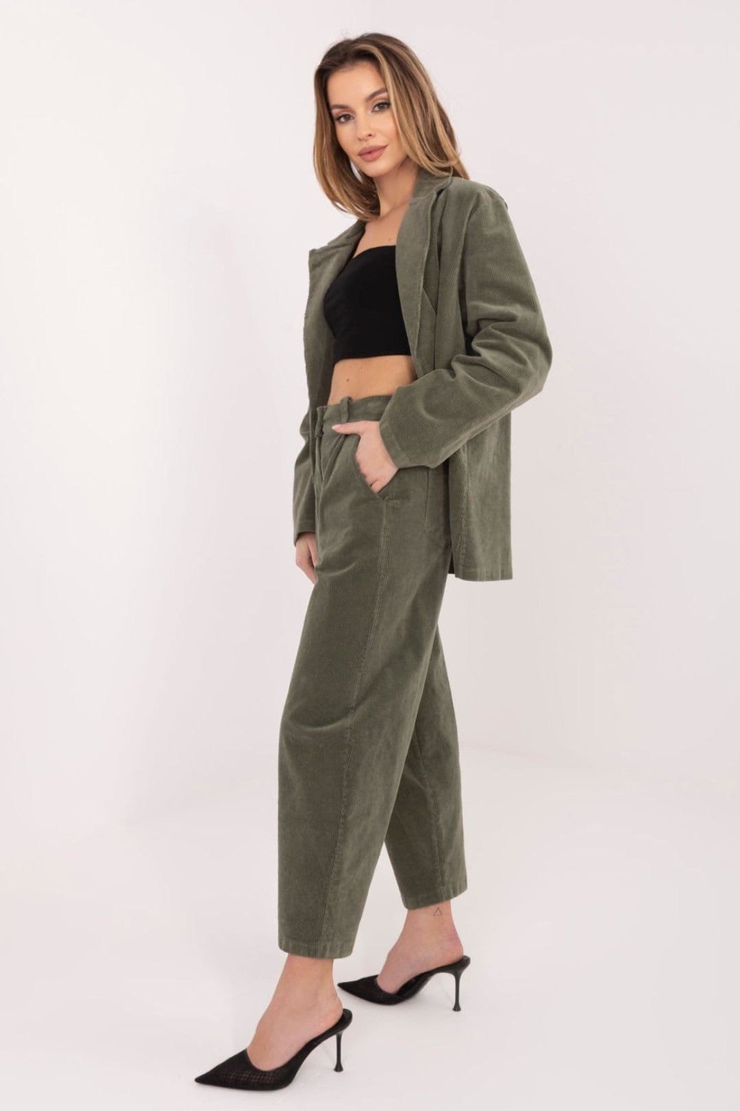 Love Lace Green Corduroy High Waist Carrot Trousers