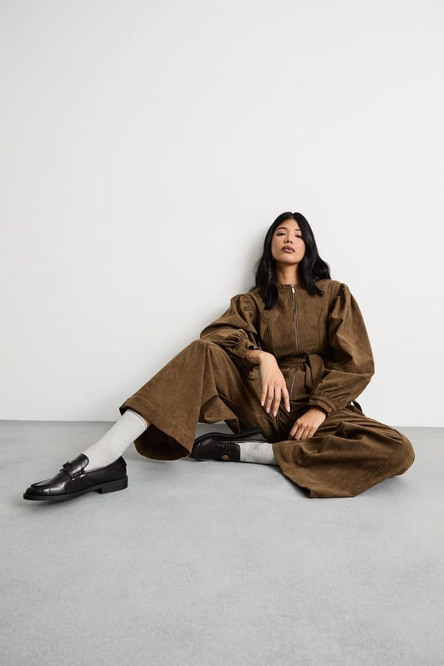 Warehouse Warehouse Women's Cord Zip Through Belted Jumpsuit in Chocolate - 2