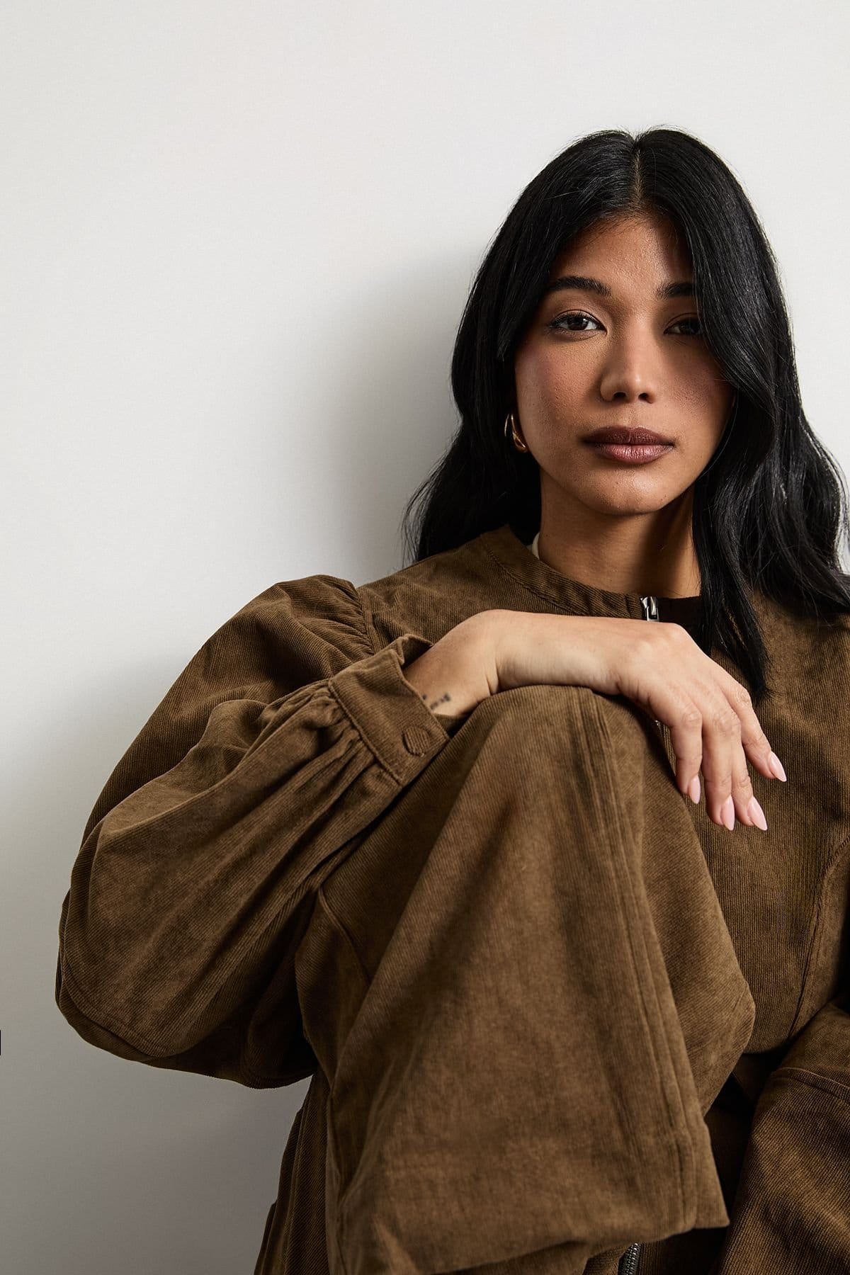 Warehouse Warehouse Women's Cord Zip Through Belted Jumpsuit in Chocolate - 4