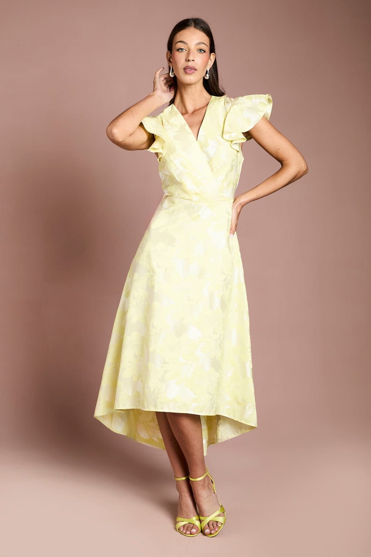 Coast Coast Women's Jacquard Frill Sleeve Wrap High Low Midi Dress in Lemon