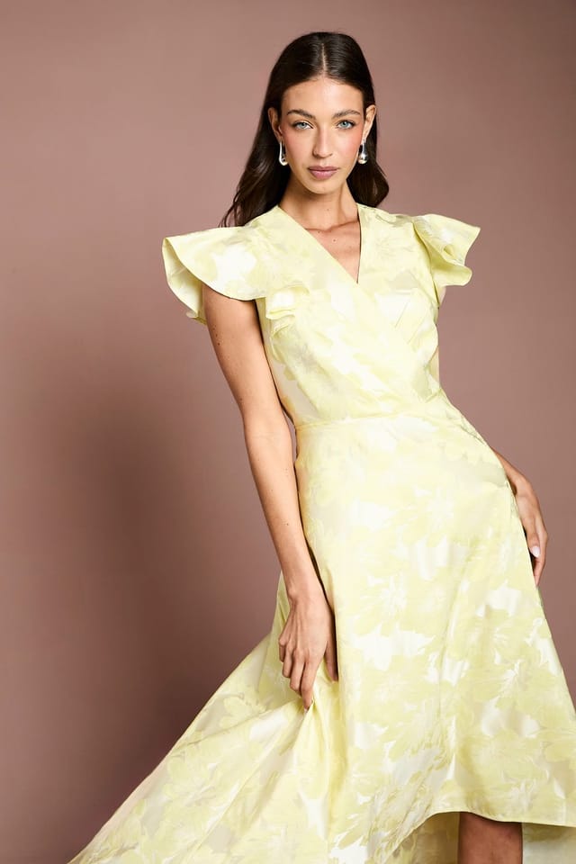 Coast Coast Women's Jacquard Frill Sleeve Wrap High Low Midi Dress in Lemon - 2