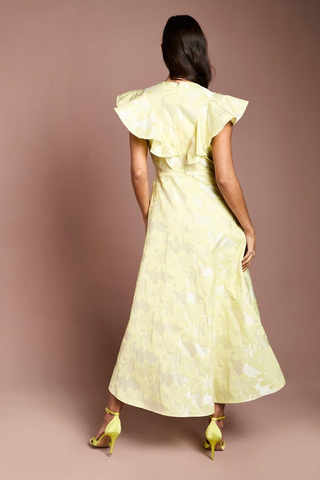 Coast Coast Women's Jacquard Frill Sleeve Wrap High Low Midi Dress in Lemon - 3
