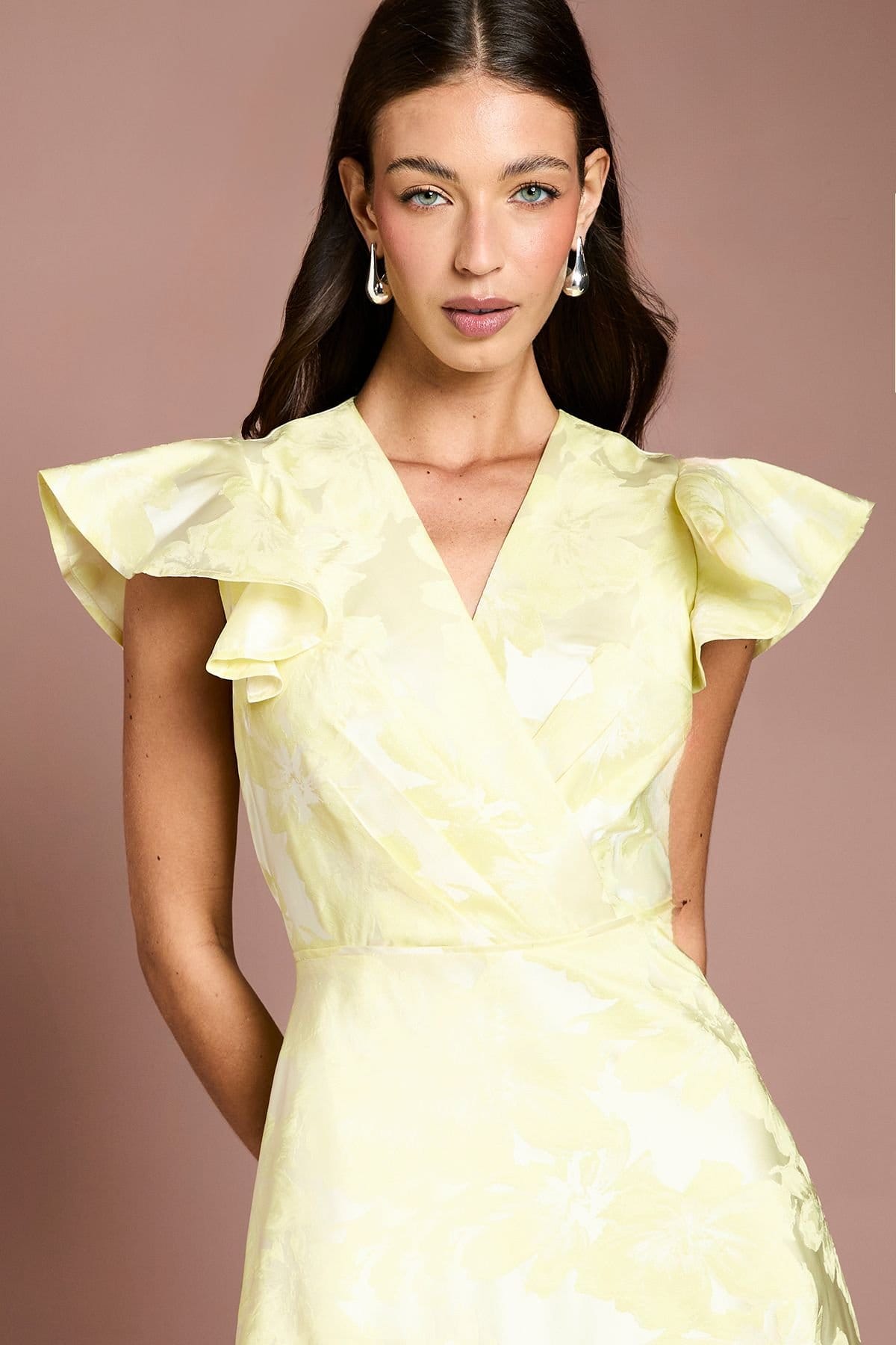 Coast Coast Women's Jacquard Frill Sleeve Wrap High Low Midi Dress in Lemon - 4