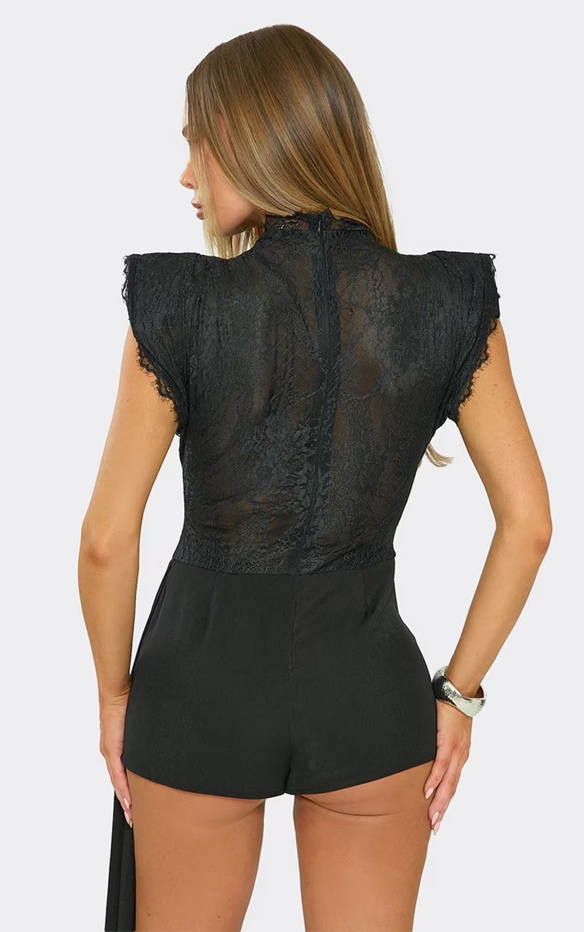 EGO High Neck Contrast Drape Playsuit In Black Lace, Women's Size UK 6