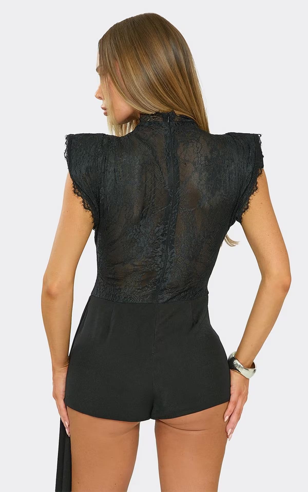 EGO High Neck Contrast Drape Playsuit In Black Lace, Women's Size UK 6 - 1