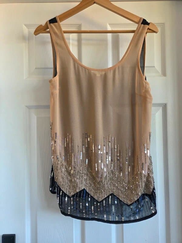 New Look New Look beige and black mesh/sheer top with sequins and beaded embellishment size 10