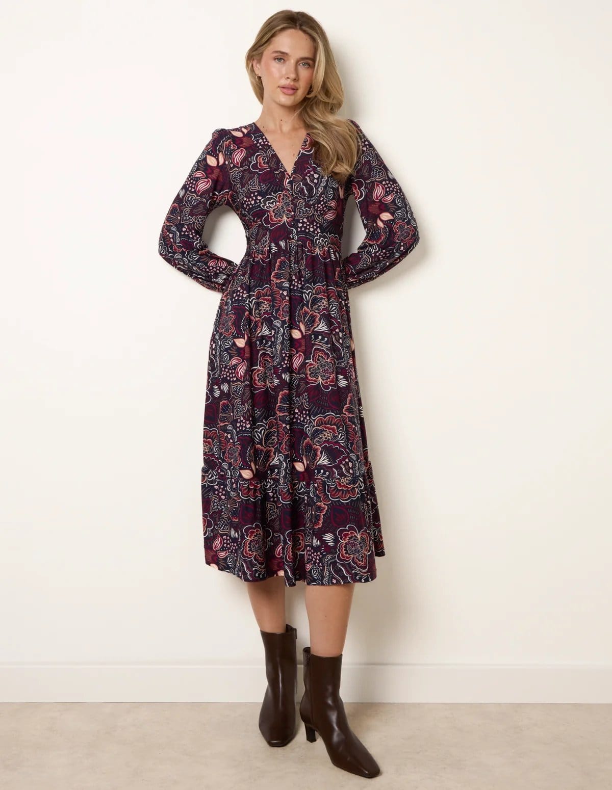 Blue Vanilla Navy Paisley Floral Midi Dress With Pockets