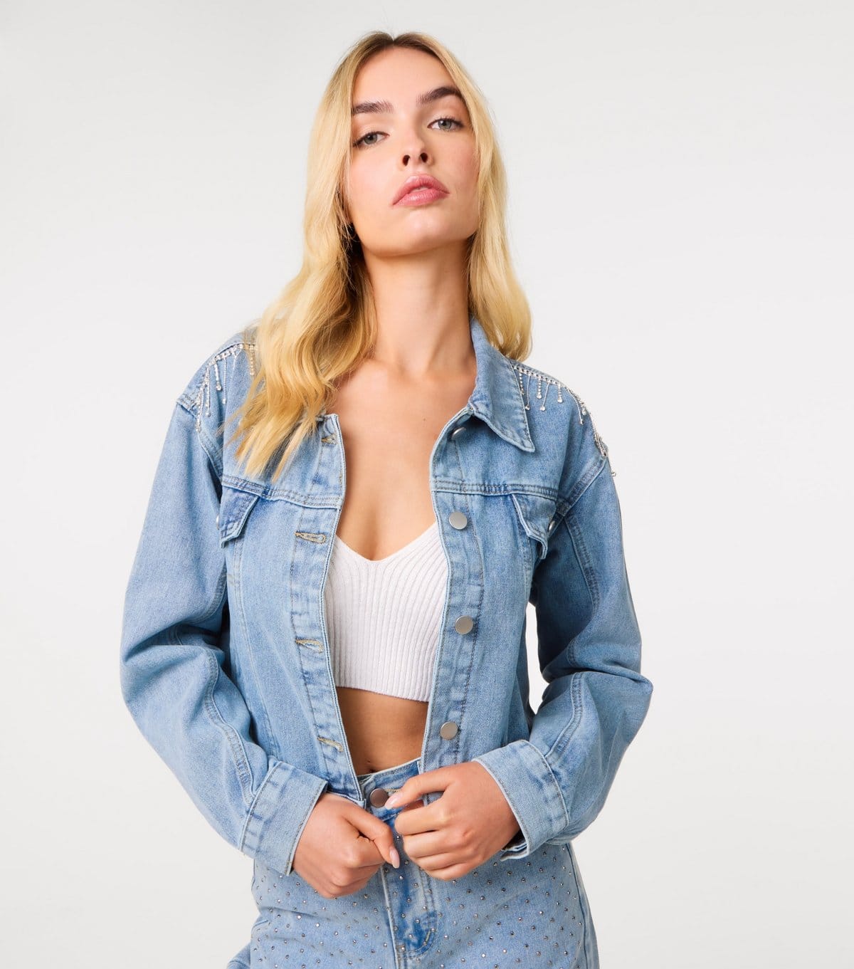 Pink Vanilla Diamanté Trim Denim Jacket in Light Blue