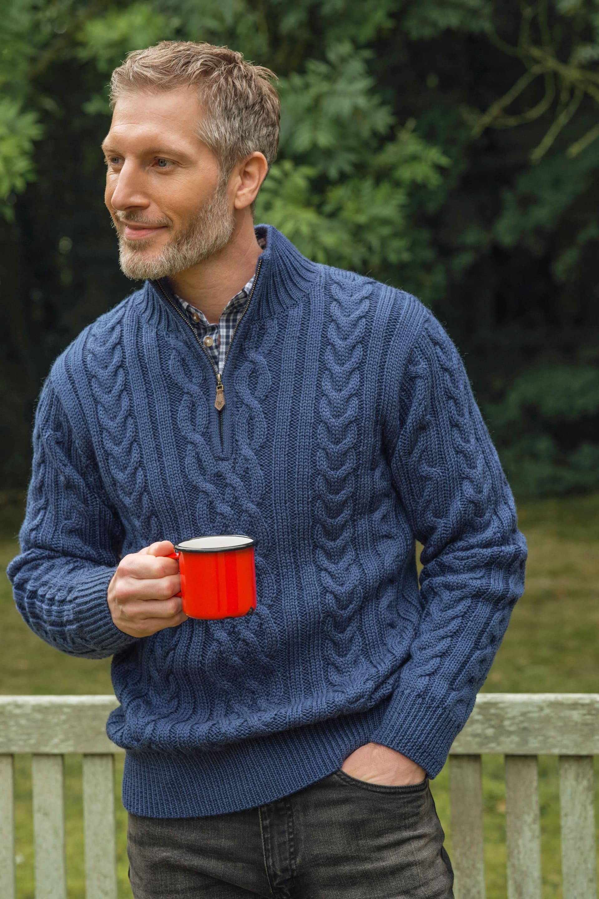 WoolOvers WoolOvers Men's Pure Wool Aran Cable Zip Neck in Navy