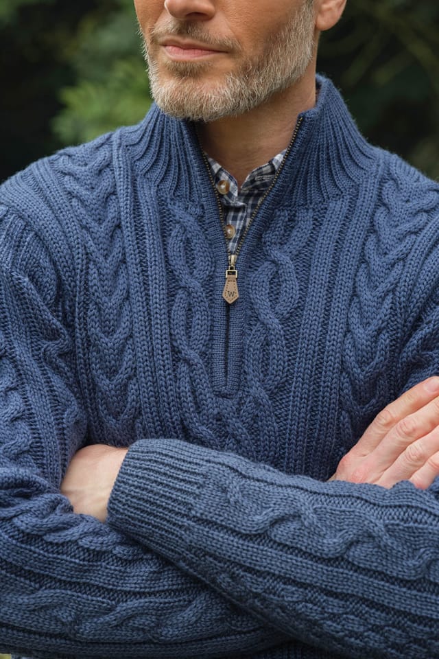 WoolOvers WoolOvers Men's Pure Wool Aran Cable Zip Neck in Navy - 2