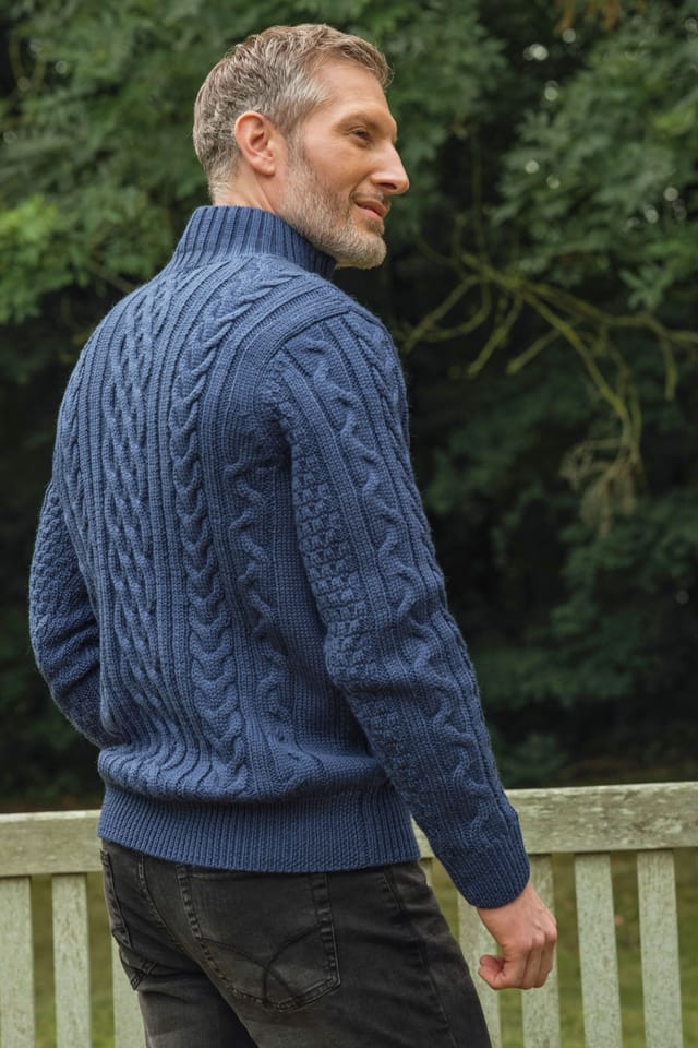 WoolOvers WoolOvers Men's Pure Wool Aran Cable Zip Neck in Navy - 3