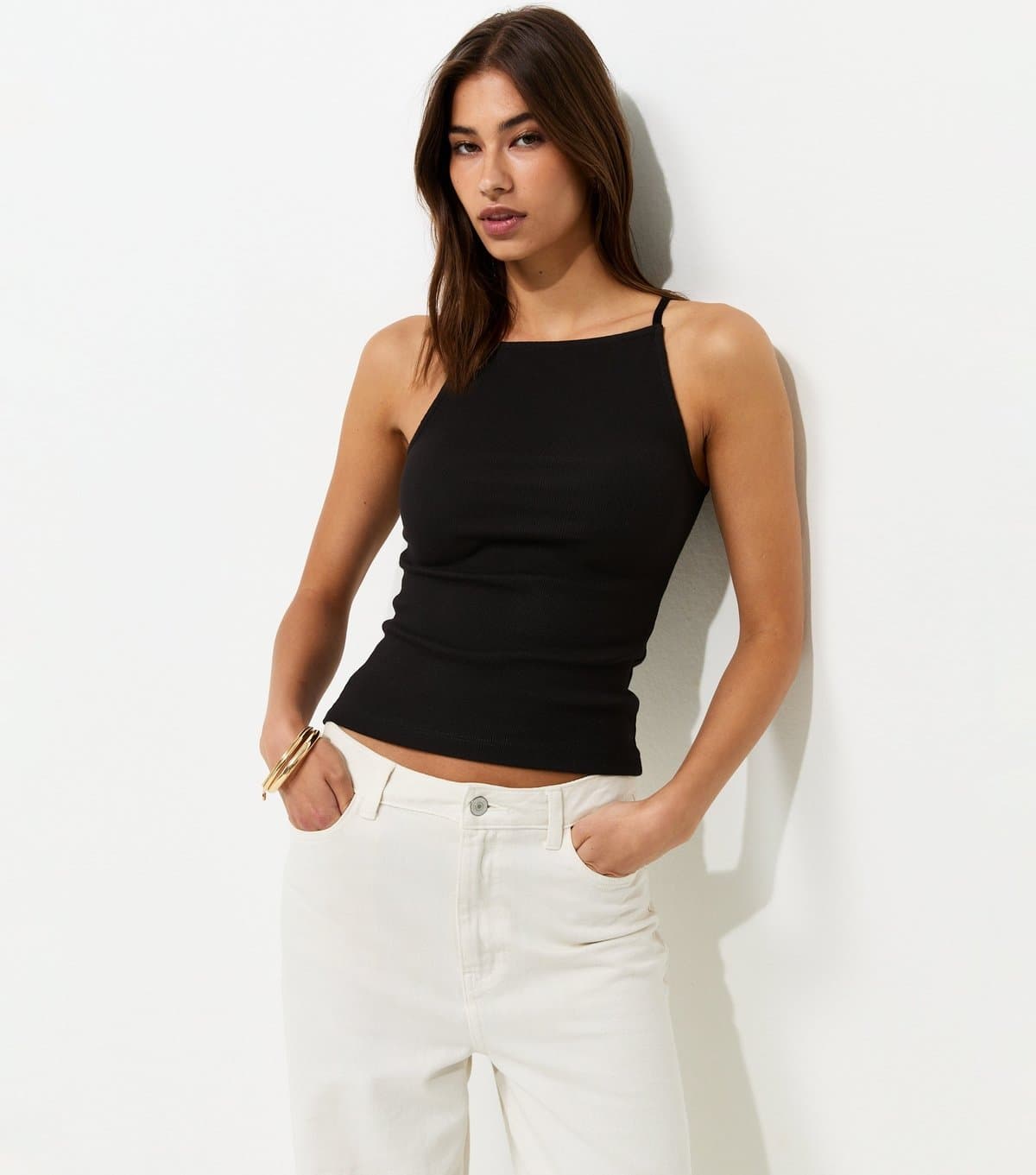 New Look Women's Black Cotton Rich Ribbed Jersey Vest Top New Look