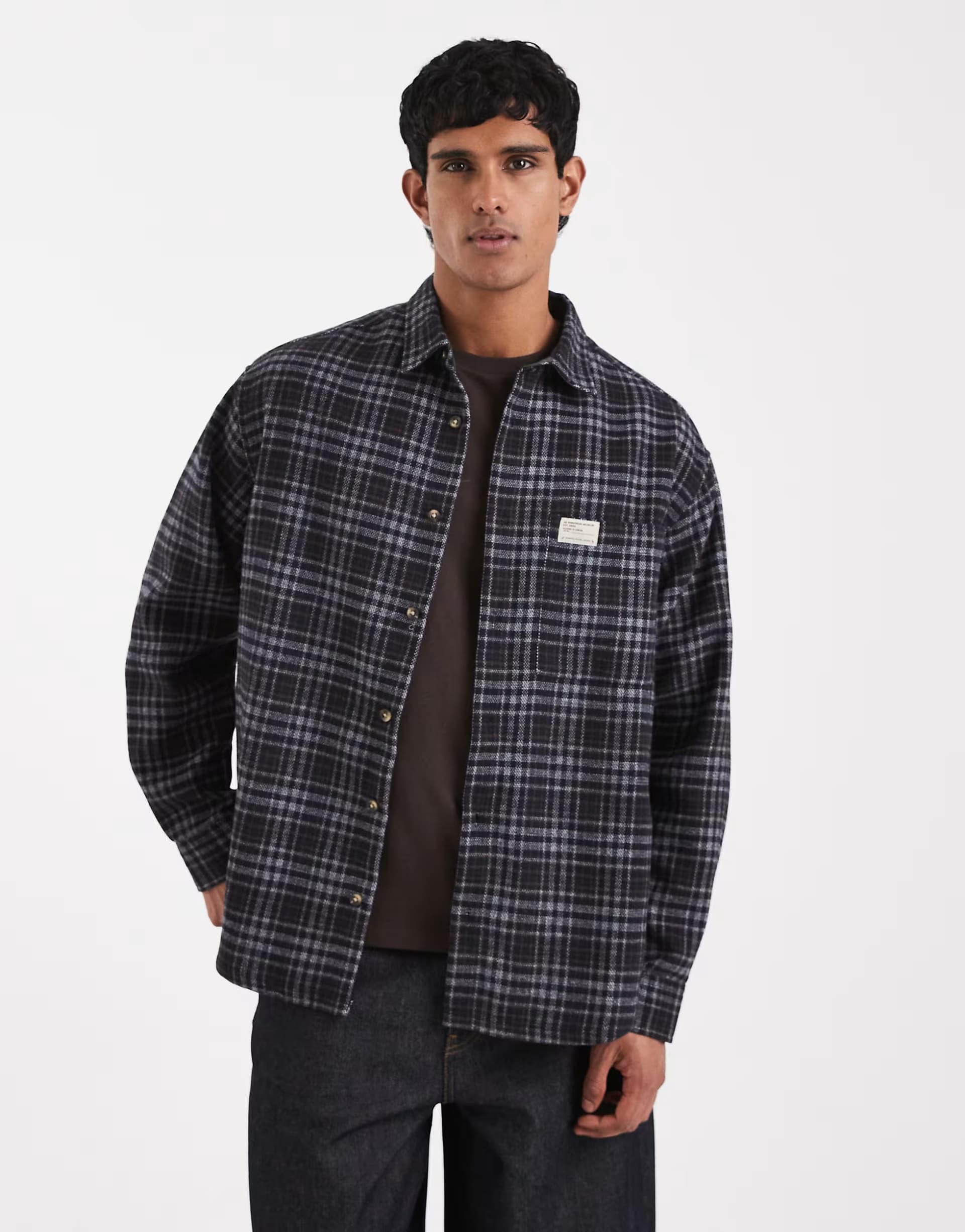 ASOS ASOS DESIGN oversized check shirt with badge in navy