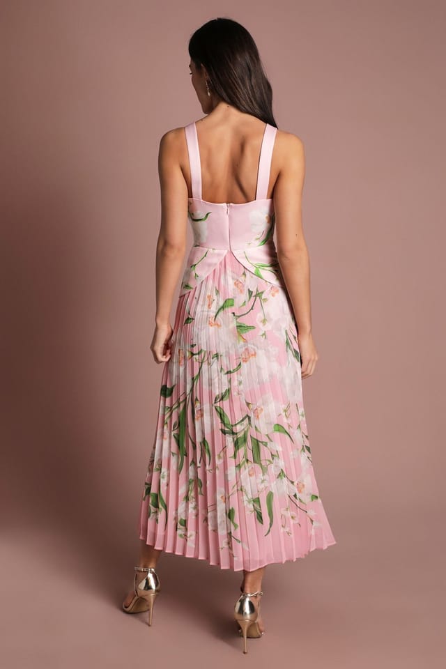 Coast Coast Women's Muse 3D Printed Flower Pleated Midi Dress in Pink - 3