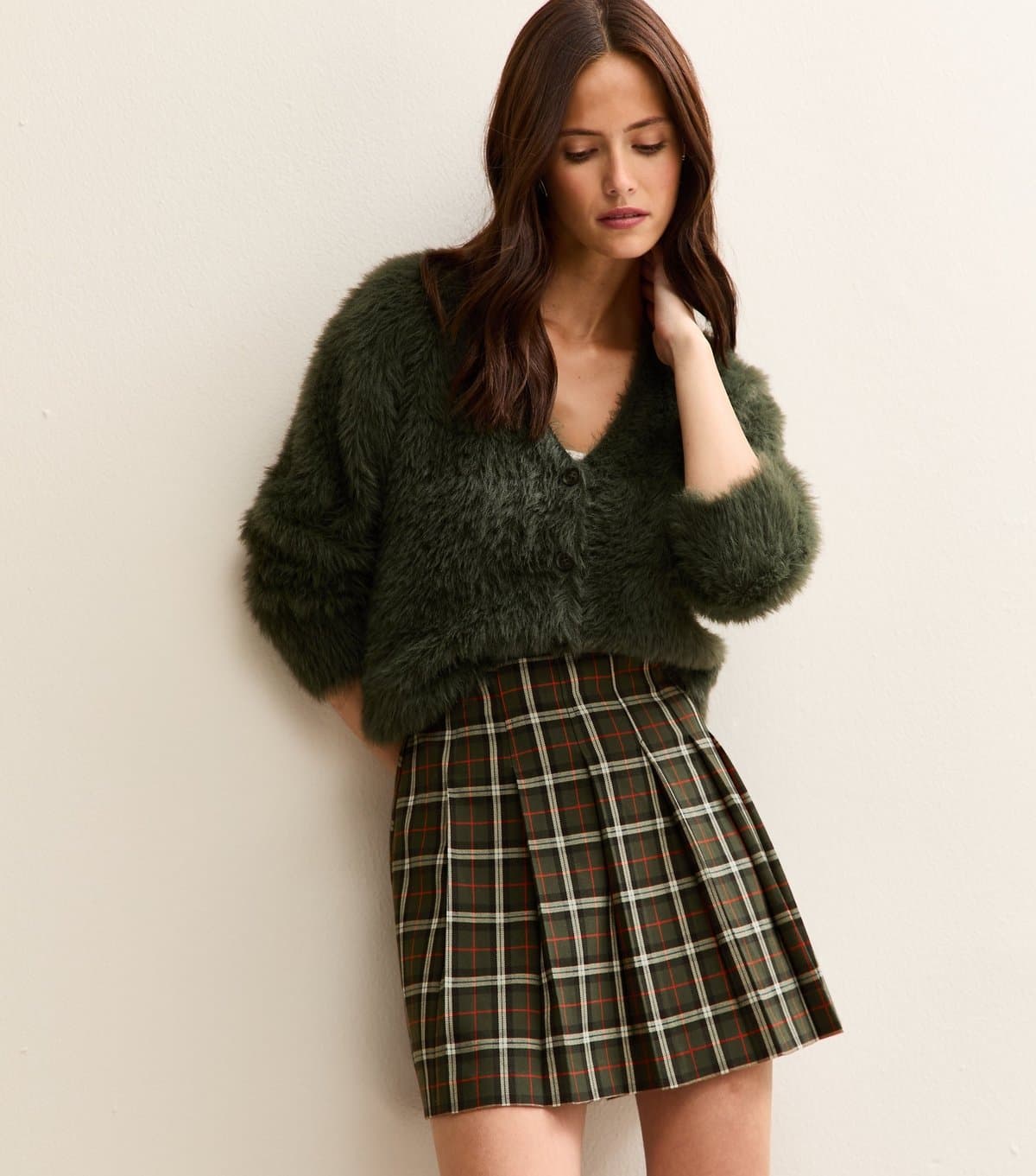 New Look Women's Green Tartan Checked Knife Pleated Skirt New Look