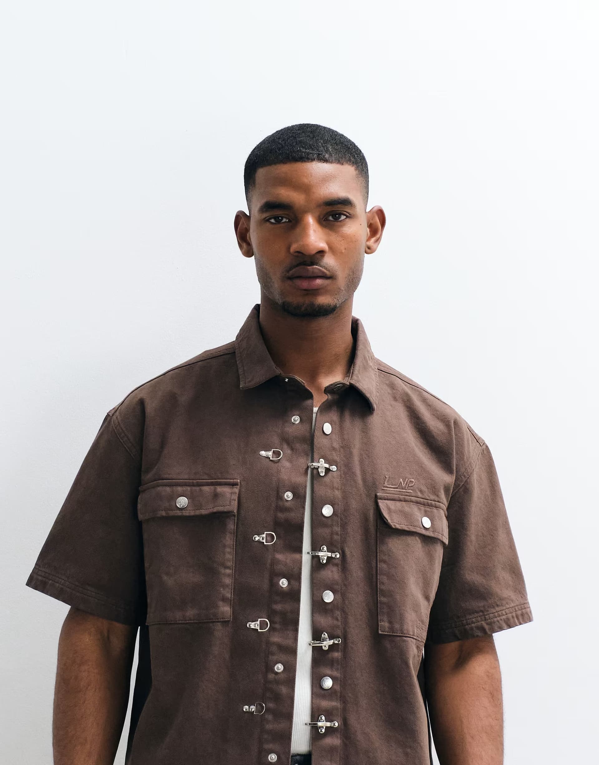 ASOS Liquor N Poker fireman clasp detail denim shirt in brown