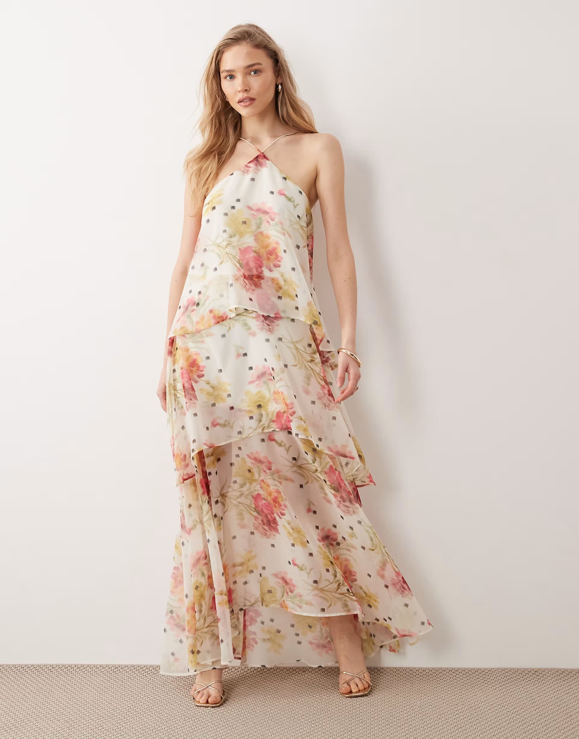 ASOS ASOS DESIGN halter neck chiffon midi dress in pink and white floral print