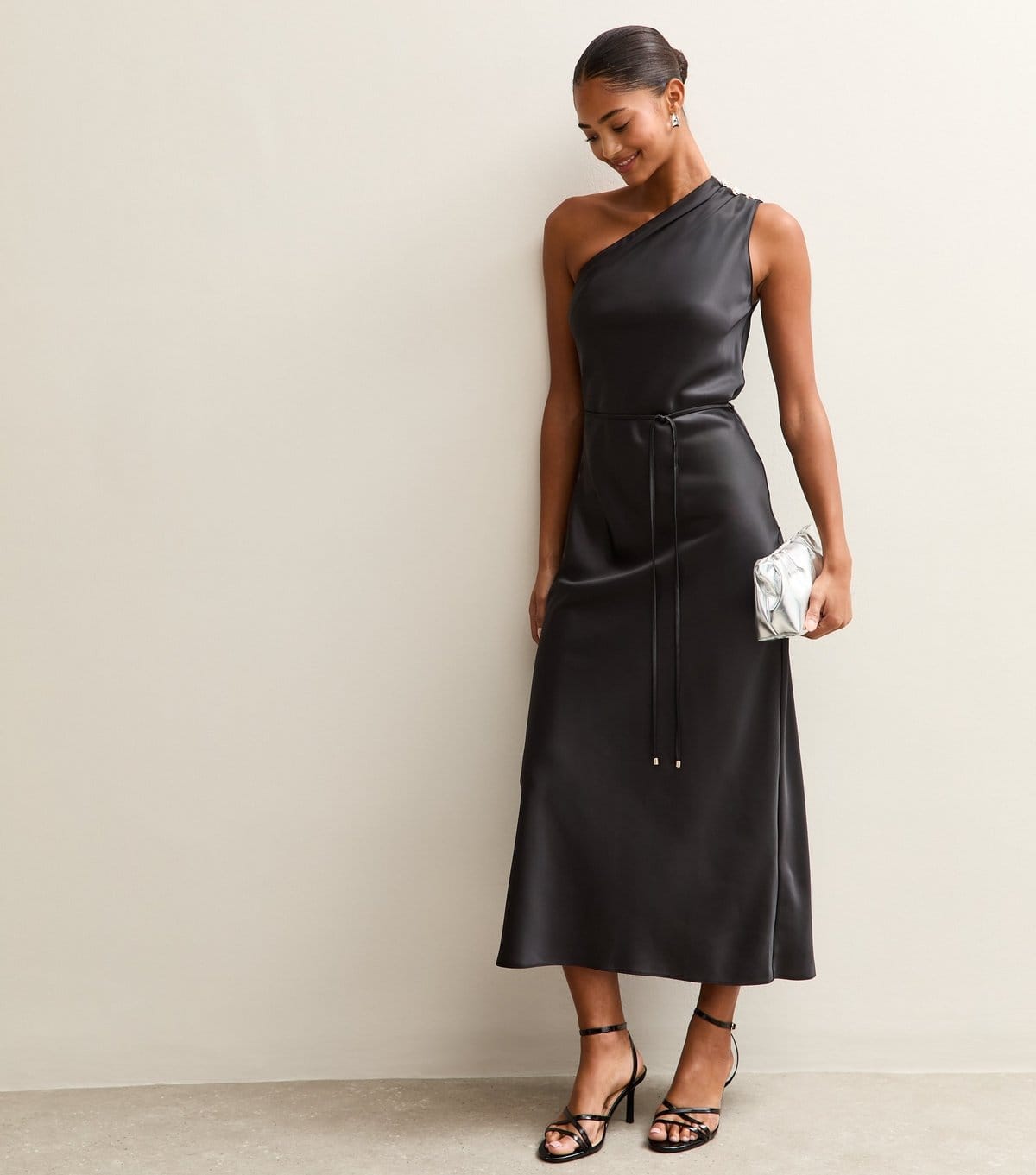 New Look Black Satin One Shoulder Midi Dress