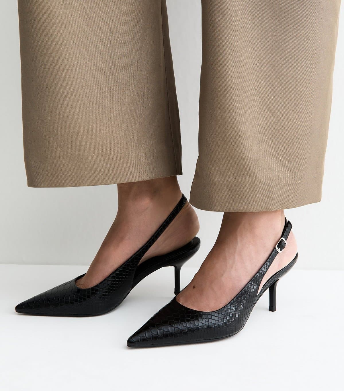New Look Women's Black Faux Leather Snakeskin Embossed Slingback Heels Vegan New Look