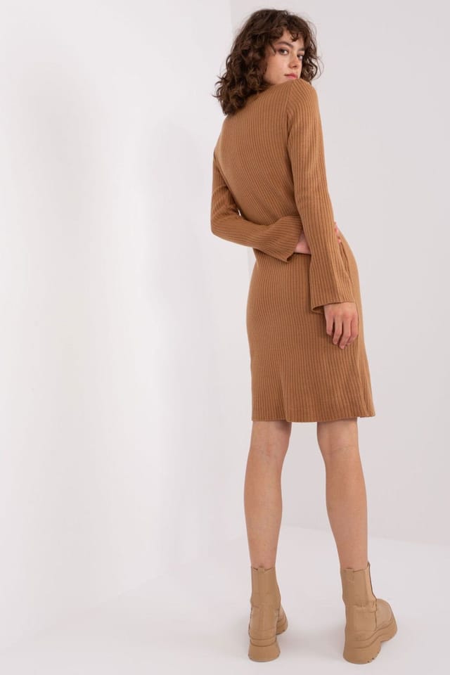 Love Lace Love Lace Women's Ribbed Midi Long Sleeve Acrylic Sweater Dress in Brown - 3