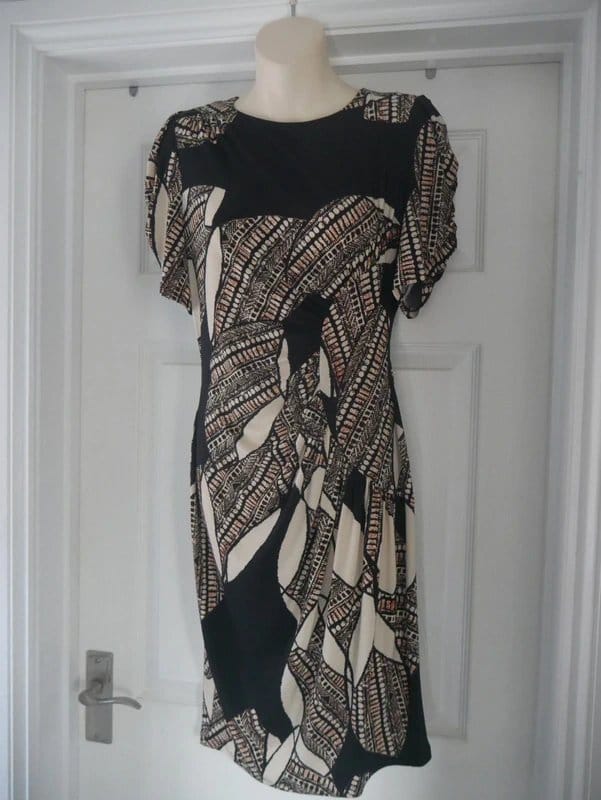M&S Petite Black Brown Geometric Ruched Pencil Dress