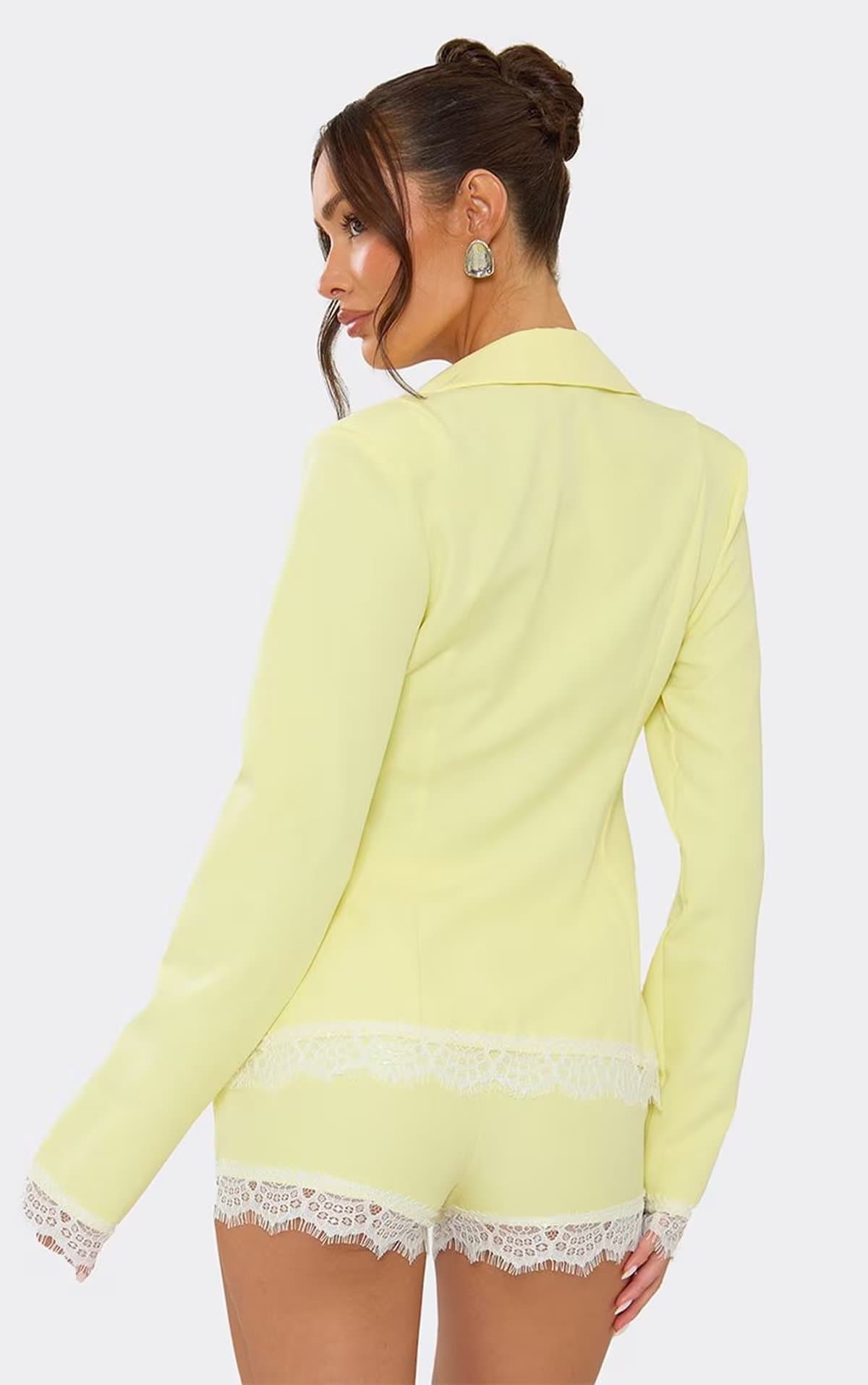 EGO Long Sleeve Tie Front Lace Trim Top In Lemon, Women's Size UK 6