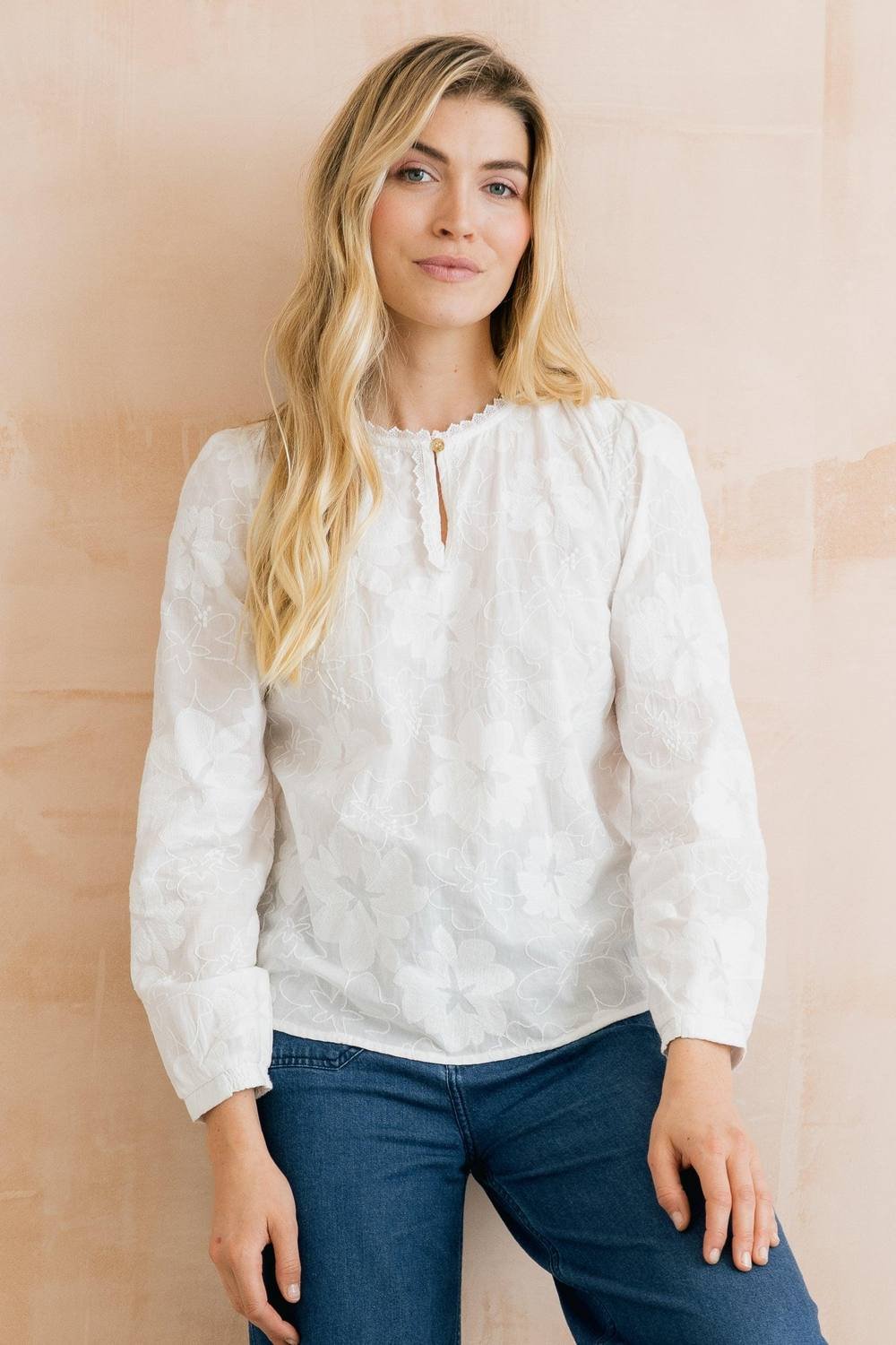 Lily & Me Lily & Me Women's Emily Embroidered Cotton Keyhole Blouse in White - 4