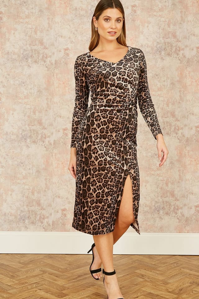 Yumi Yumi Women's Brown Velvet Leopard Print Fitted Midi Dress - 2