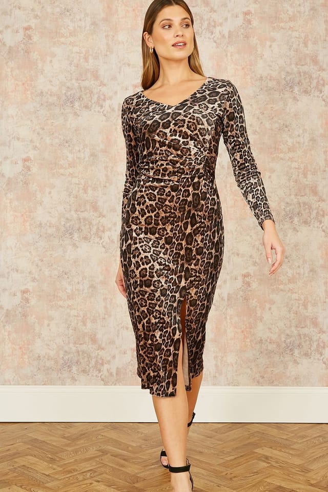Yumi Yumi Women's Brown Velvet Leopard Print Fitted Midi Dress - 3