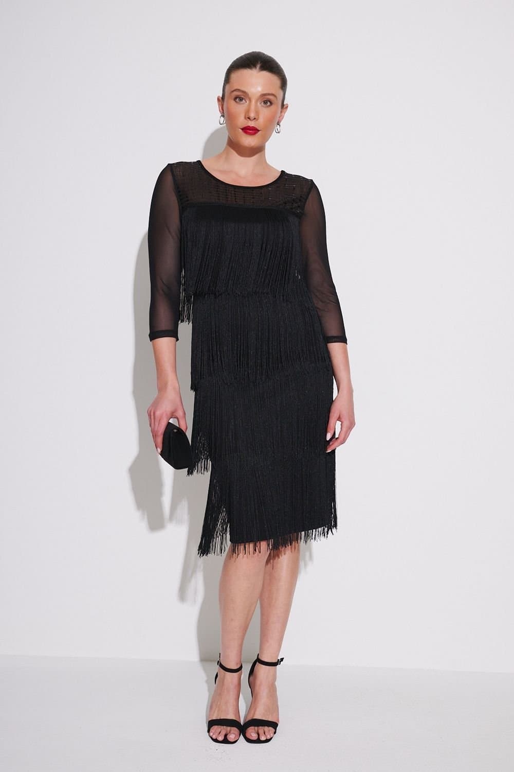 Klass. Klass. Women's Embellished Mesh Sleeve Tassel Dress in Black