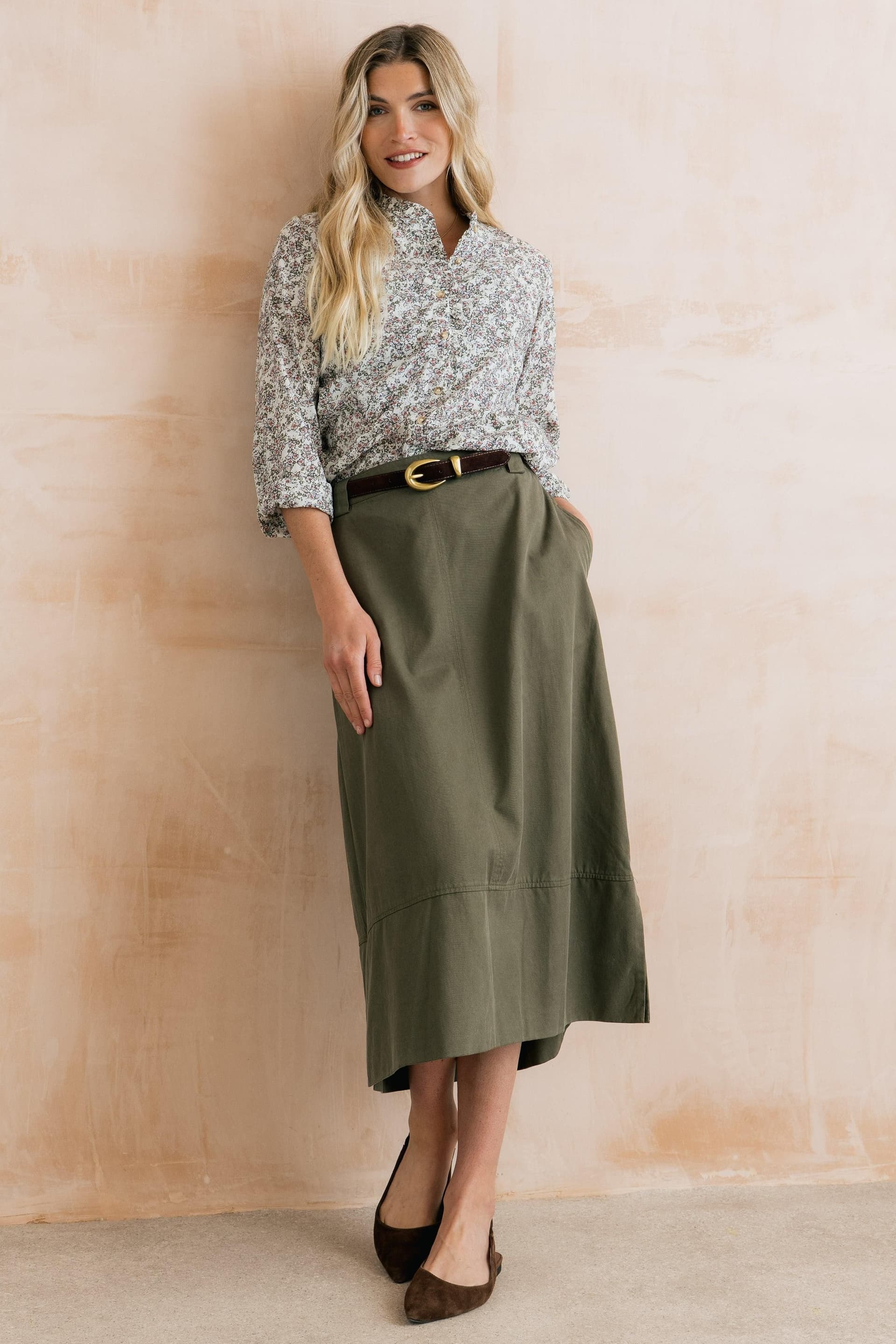 Lily & Me Lily & Me Women's Estuary Super Soft Tencel Midi Skirt with Elasticated Back Waist in Olive