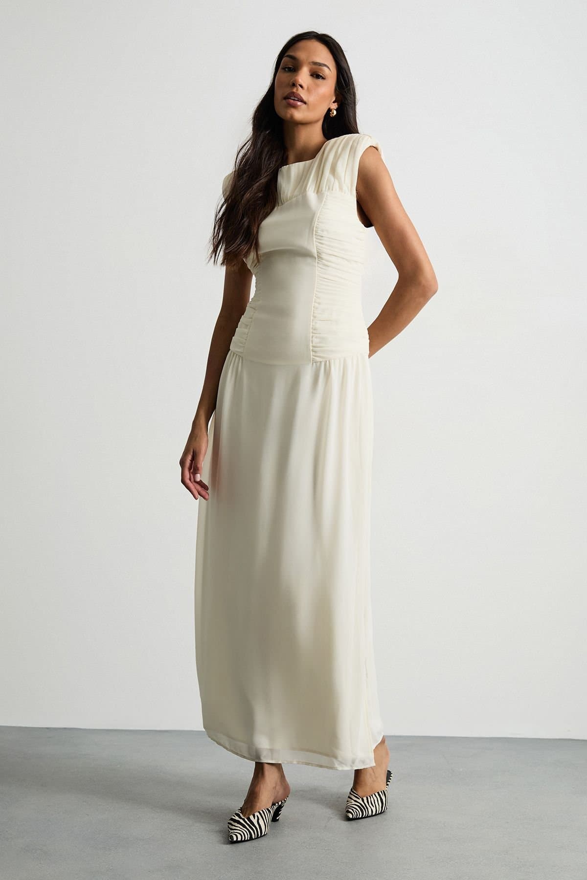 Warehouse Warehouse Women's Ruched Waist Sleeveless Shoulder Pad Detail Maxi Dress in Ivory