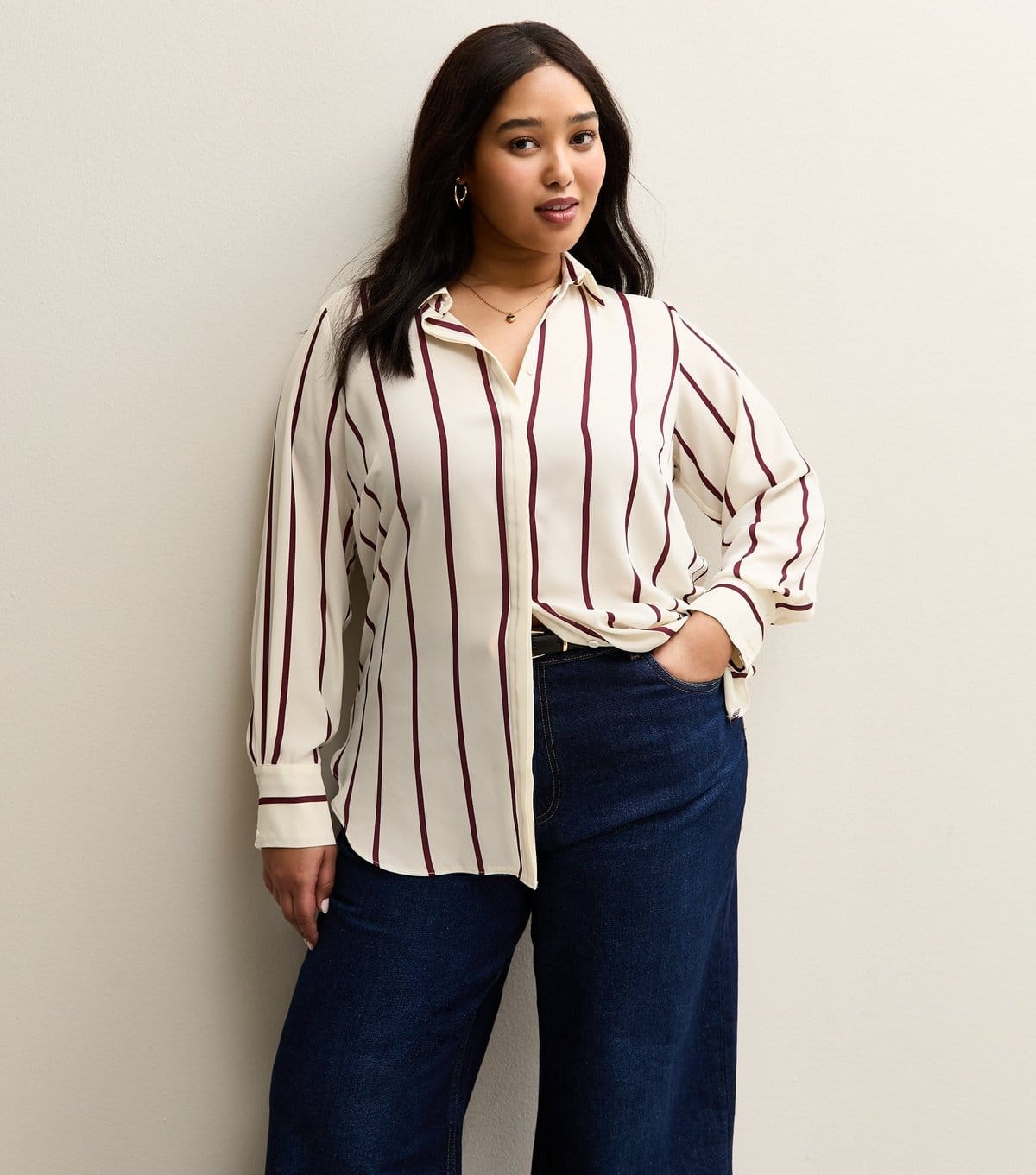 New Look Plus Size White and Red Striped Shirt