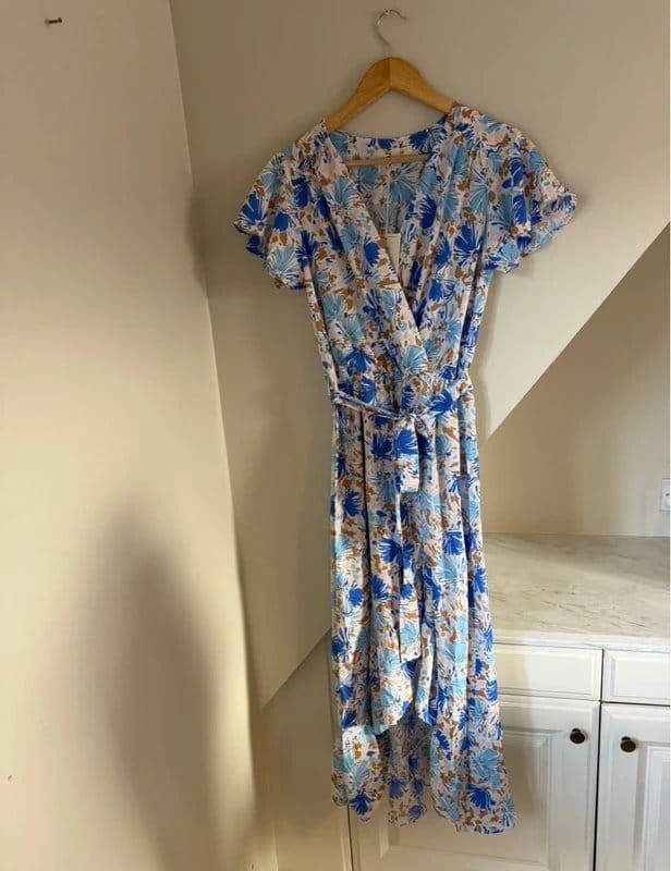 Maelle Blue Floral Wrap Midi Dress with Tie Waist