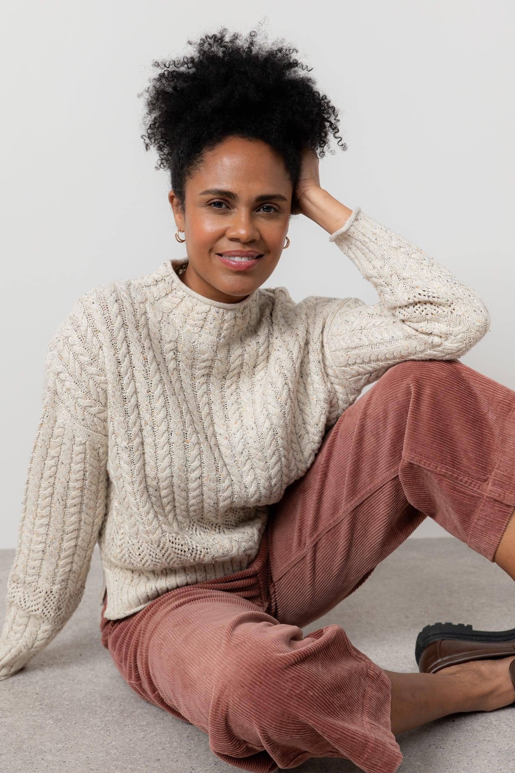 Lily & Me Lily & Me Women's Elspeth Cable Knit Boxy Fit High neck Jumper with Pointelle detailing in Ecru - 4
