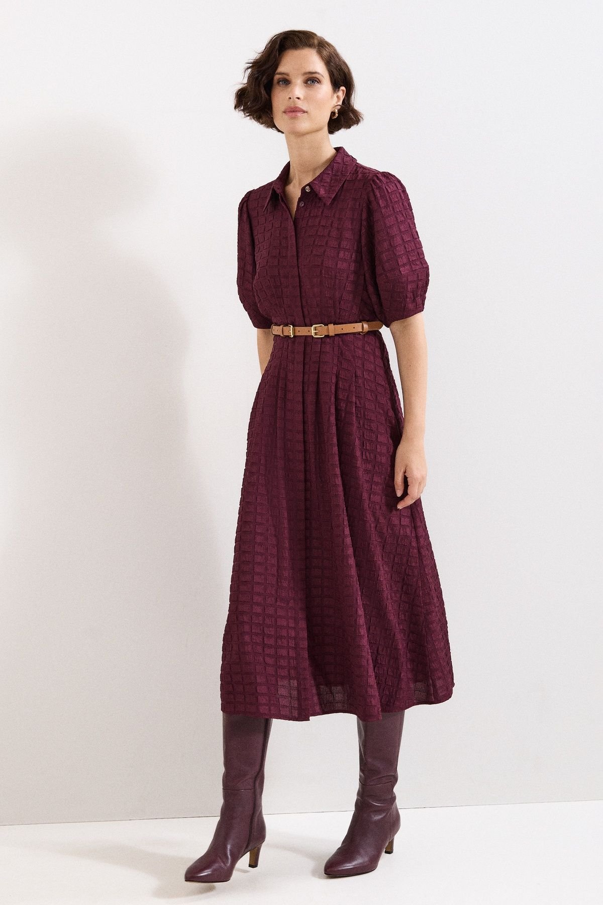Phase Eight Phase Eight Women's Yasmine Textured Collared Midi Dress in Wine - 3