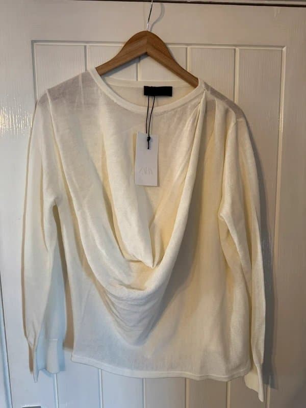 Zara BNWT Zara Ecru Fluid Knit Draped Cowl Neck Jumper - Size XL