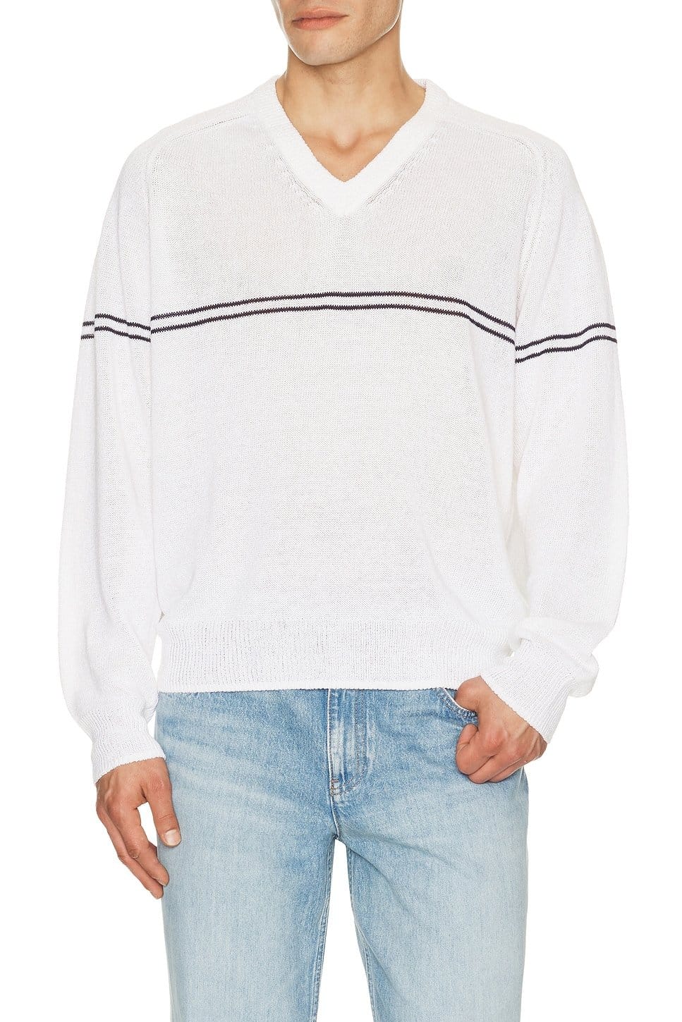 Revolve Cream Stripe V Neck Men's Sweater